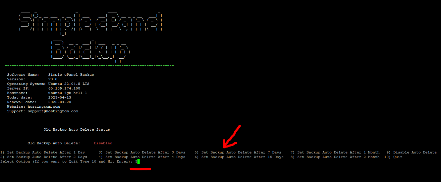 simple cpanel backup auto backup delete configuration list