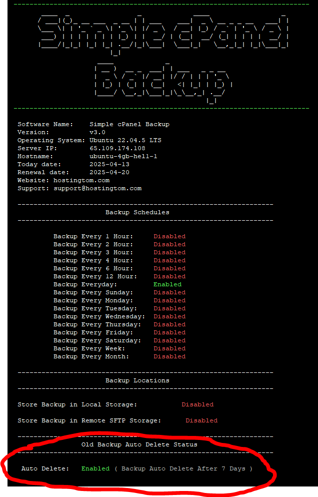 simple cpanel backup auto backup delete configuration