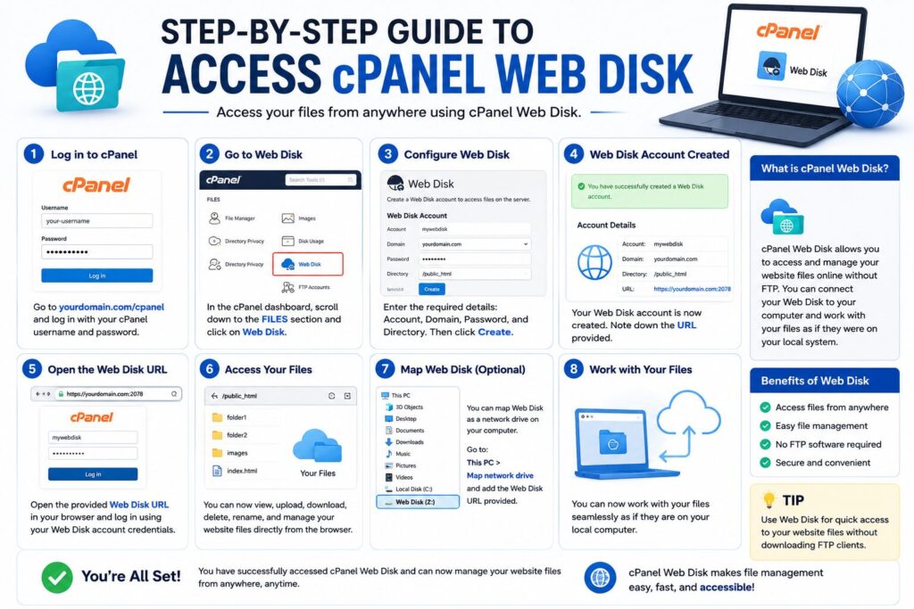 Step-by-step infographic showing how to access cPanel Web Disk, create a Web Disk account, connect to the server, and manage website files securely.
Image Title