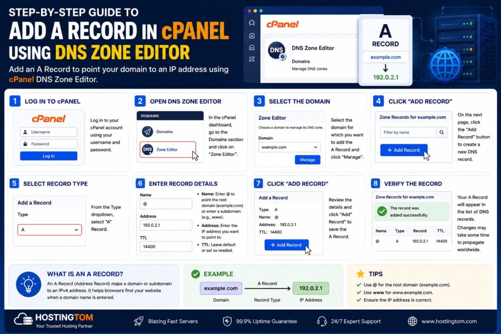 Step-by-step infographic showing how to add an A Record in cPanel using the DNS Zone Editor.