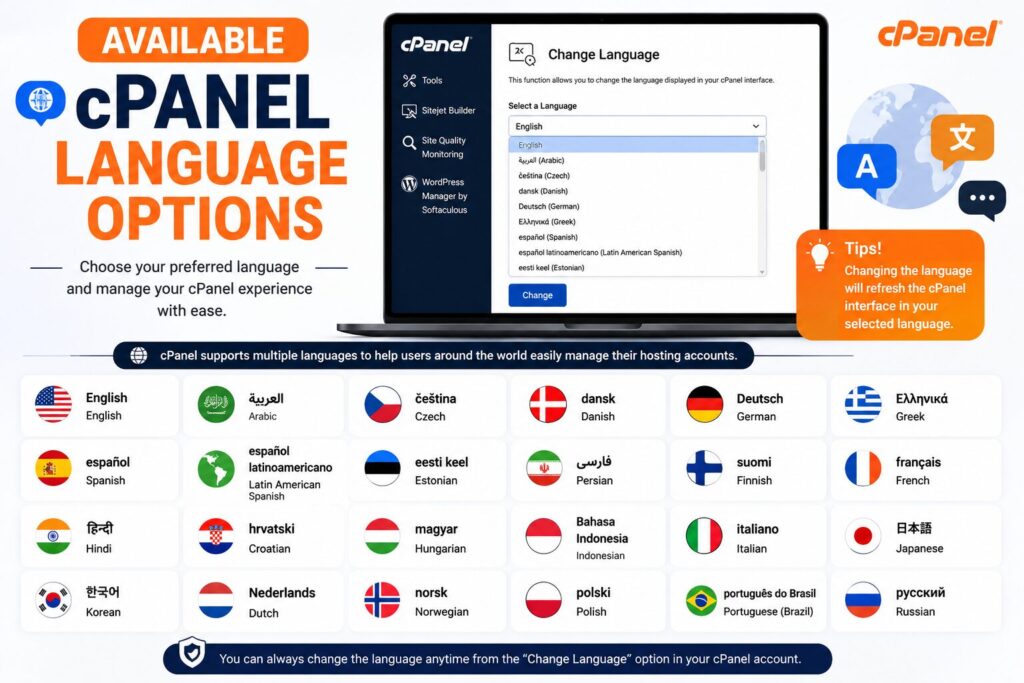 Available language options in cPanel showing multiple interface languages users can choose from.