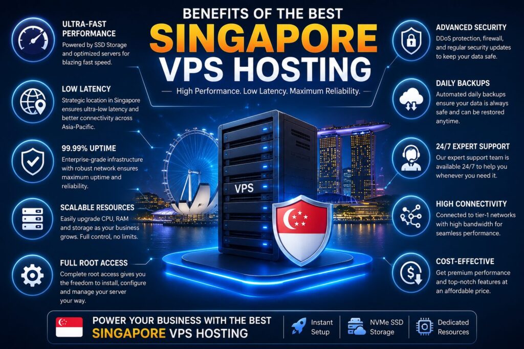 Infographic showing the benefits of the best Singapore VPS hosting in 2026, including NVMe SSD storage, low latency, high uptime, scalable resources, advanced security, and 24/7 support.