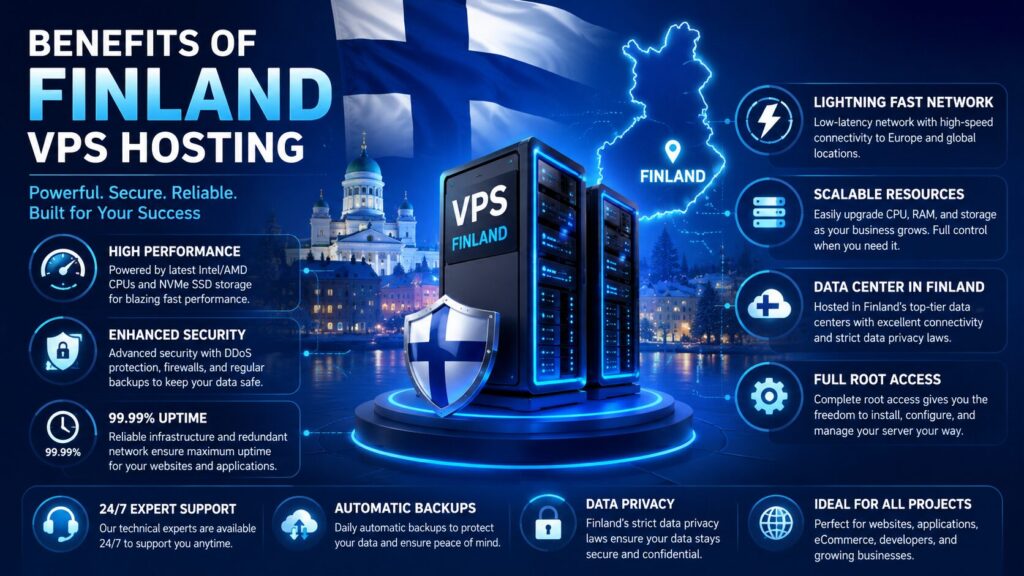 Benefits of Finland VPS Hosting with high-performance NVMe SSD servers, secure data centers, low latency, and scalable cloud infrastructure.