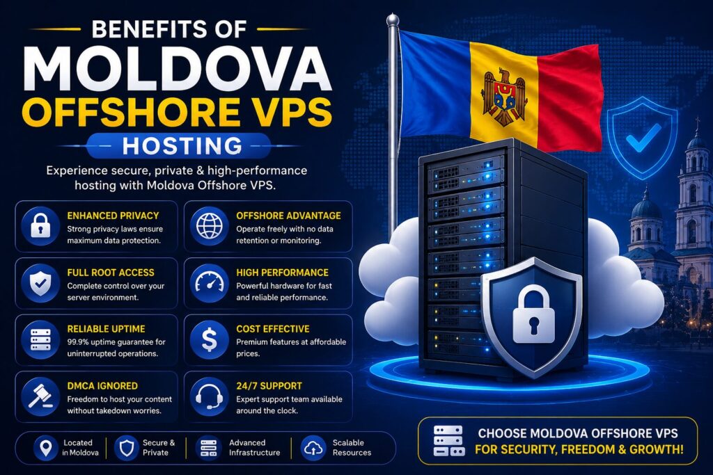 Benefits of Moldova Offshore VPS Hosting including enhanced privacy, full root access, high performance, reliable uptime, and secure offshore infrastructure.