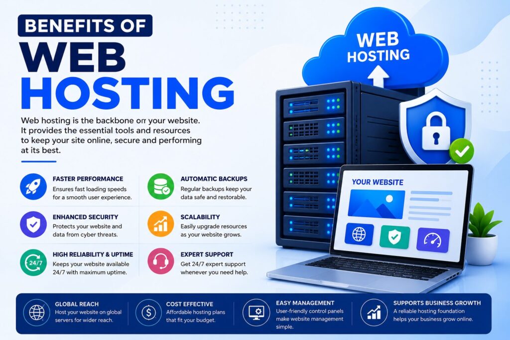 Infographic illustrating the benefits of web hosting including faster performance, enhanced security, automatic backups, high uptime, scalability, and 24/7 technical support.