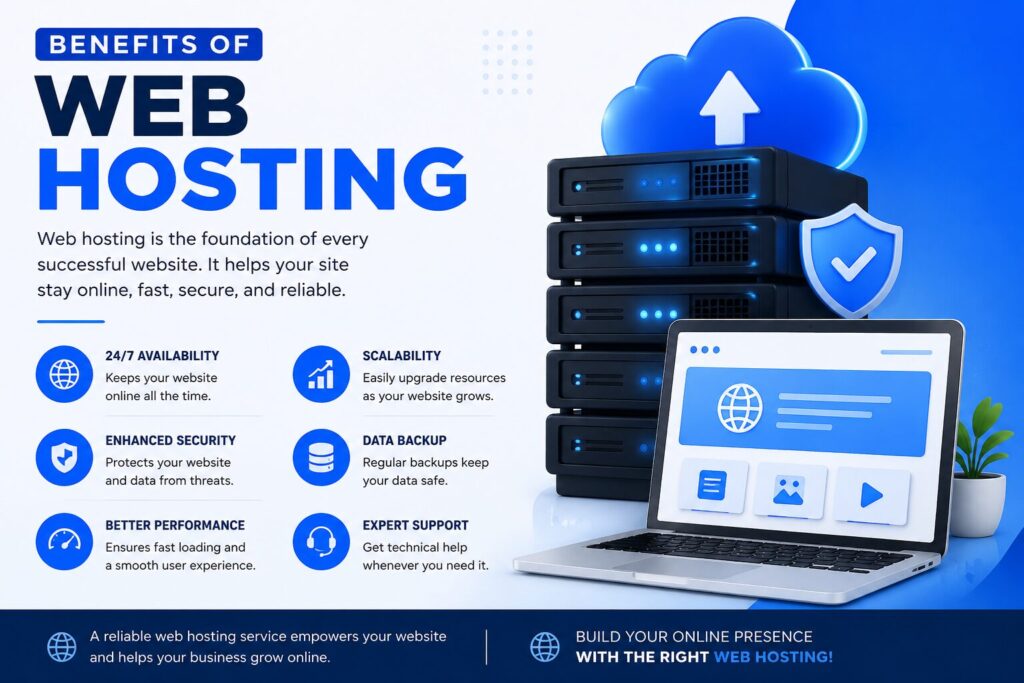 Illustration showing the benefits of web hosting including fast website performance, security, backups, scalability, and 24/7 uptime.