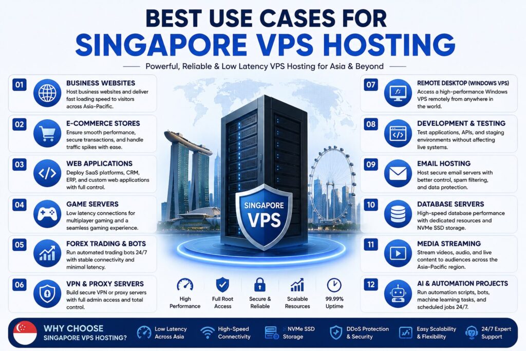 Best Use Cases for Singapore VPS Hosting in 2026 infographic showing business websites, eCommerce, game servers, web applications, AI projects, and cloud hosting benefits.