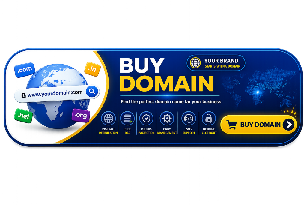 Buy Domain Registration CTA button with transparent background featuring domain search, instant registration, free DNS management, WHOIS protection, secure checkout, and 24/7 support.