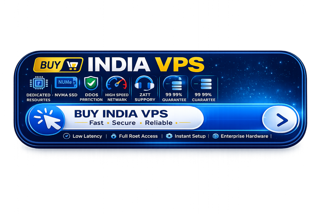 Buy India VPS Hosting CTA button with transparent background featuring NVMe SSD storage, dedicated resources, DDoS protection, full root access, low latency, and 24/7 expert support.