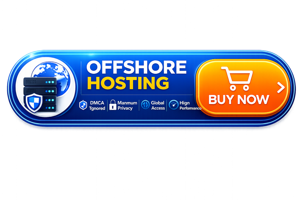 Glossy blue and orange Buy Now button for Offshore Hosting with server, globe, and security icons on a transparent background.