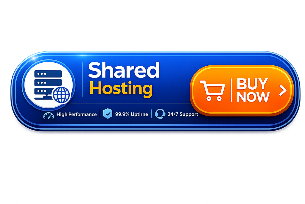 Blue and orange Buy Now button for Shared Hosting with server icon on a transparent PNG background.