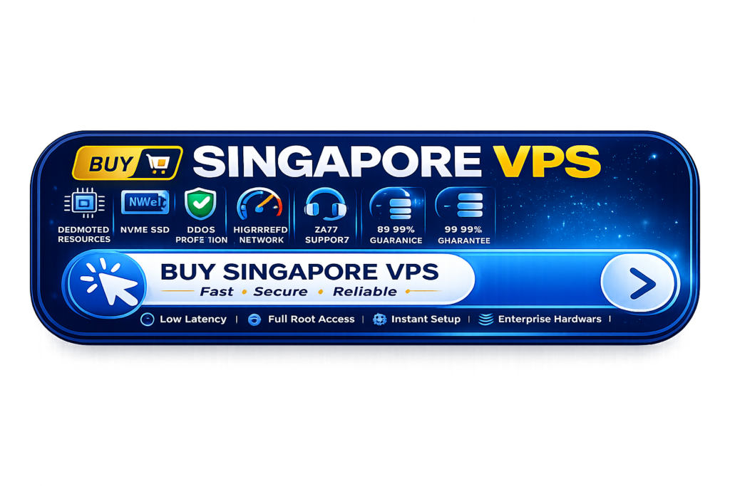 Buy Singapore VPS Hosting button featuring NVMe SSD, DDoS protection, dedicated resources, high-speed network, 24/7 support, and low-latency Singapore data centers.