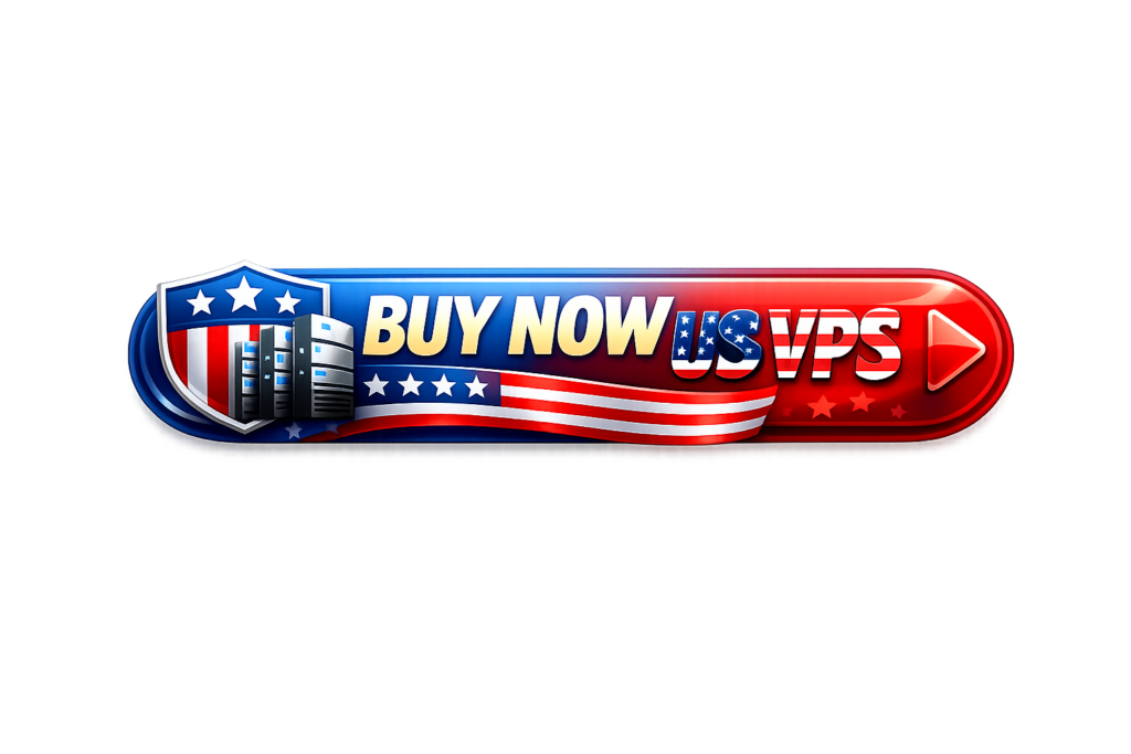 Buy US VPS Hosting button with modern blue design, USA flag, enterprise servers, and high-performance VPS call-to-action.