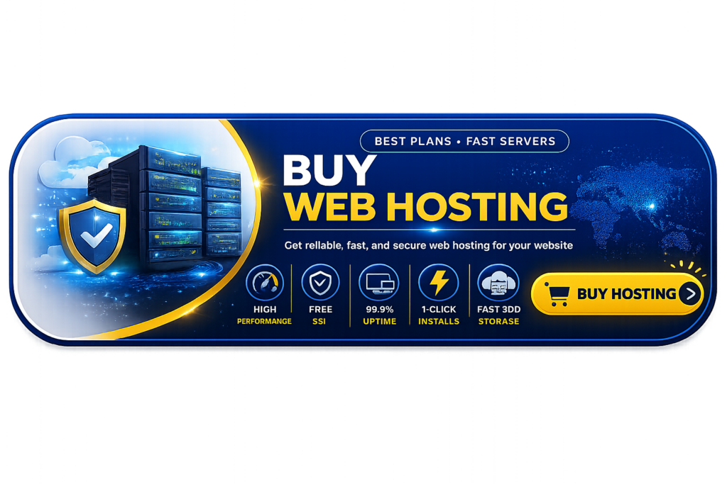 Buy Web Hosting CTA button with transparent background featuring SSD storage, free SSL certificate, 99.9% uptime, one-click installer, fast servers, and 24/7 expert support.