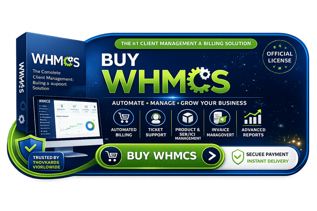 Buy WHMCS License CTA button with transparent background featuring automated billing, client management, support ticket system, invoice management, secure payment, and instant license delivery.