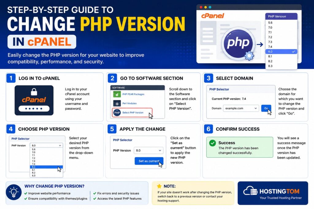 Step-by-step infographic showing how to change the PHP version in cPanel using the Select PHP Version feature.