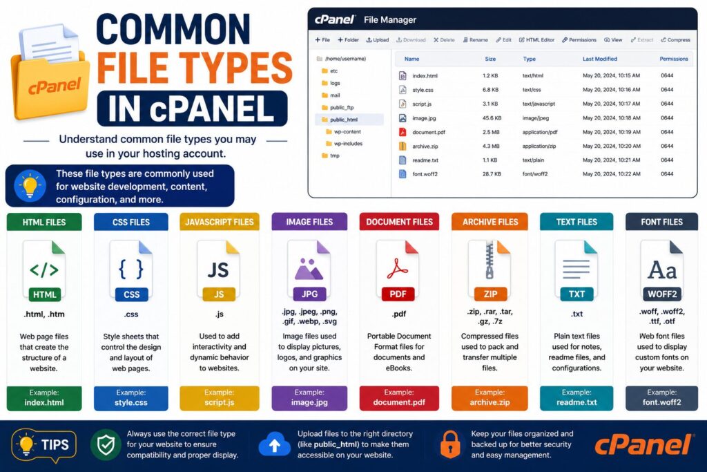 Infographic showing common file types used in cPanel File Manager, including HTML, CSS, JavaScript, images, PDFs, ZIP archives, and text files.