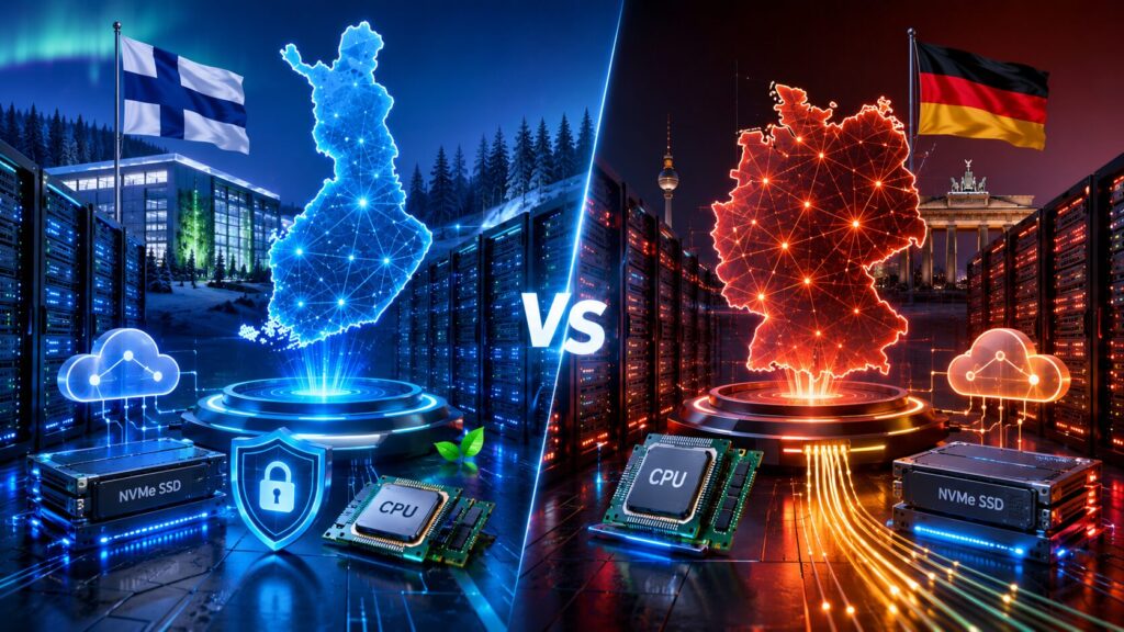 3D infographic comparing Finland VPS Hosting and Germany VPS Hosting with NVMe SSD servers, high-speed cloud infrastructure, and secure European data centers.