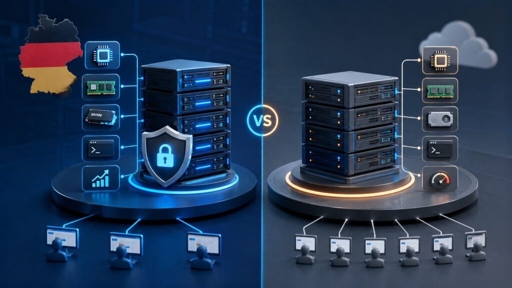 Visual comparison of Germany VPS hosting and shared hosting showing performance, security, and dedicated resources.