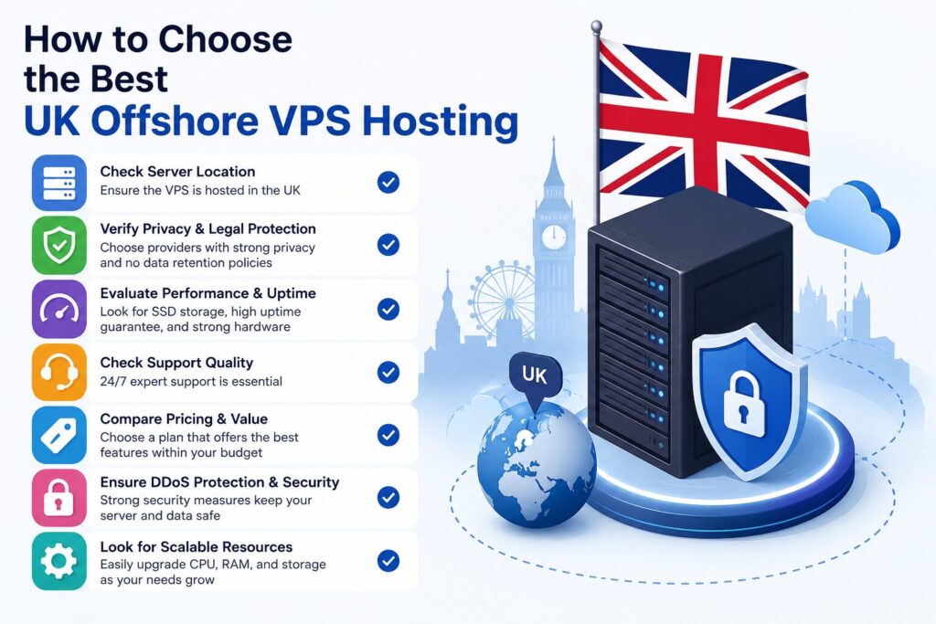 How to choose the best UK offshore VPS hosting in 2026 with secure UK servers, privacy protection, high performance, scalability, and reliable hosting features.