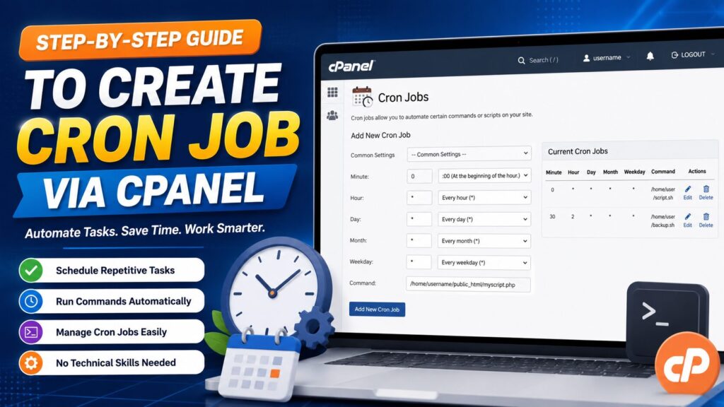 Step-by-step guide showing how to create a Cron Job in cPanel using the Cron Jobs interface to automate website tasks.
