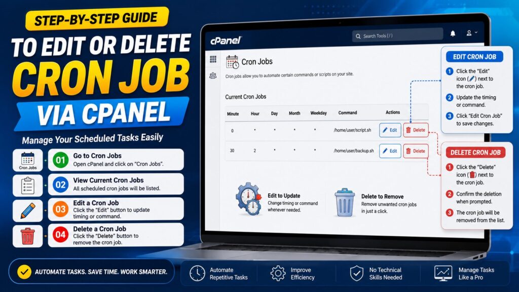 Step-by-step guide showing how to edit or delete a Cron Job in cPanel using the Cron Jobs management interface.