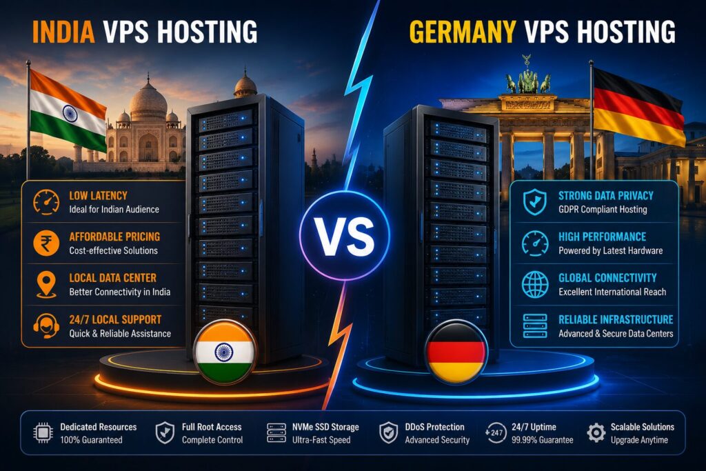 India VPS Hosting vs Germany VPS Hosting comparison showing server performance, latency, pricing, security, and data center advantages in 2026.