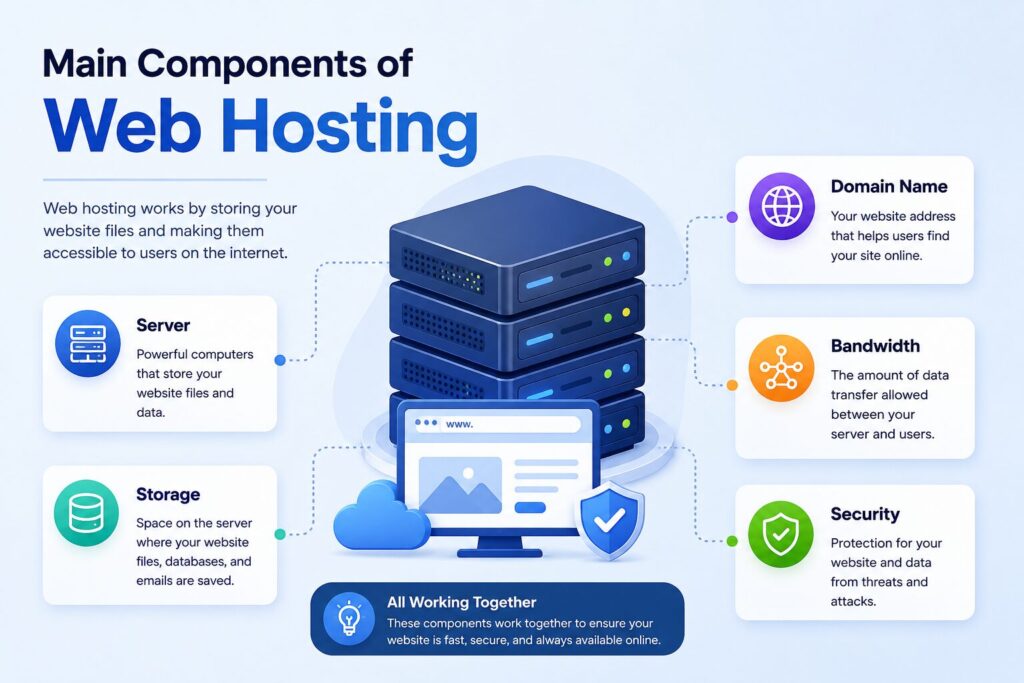 Main Components of Web Hosting infographic showing server, storage, domain name, bandwidth, and security.