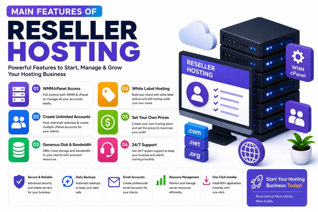 Illustration showing the main features of reseller hosting including WHM, cPanel, white-label hosting, unlimited client accounts, SSD storage, bandwidth, backups, and 24/7 support.
