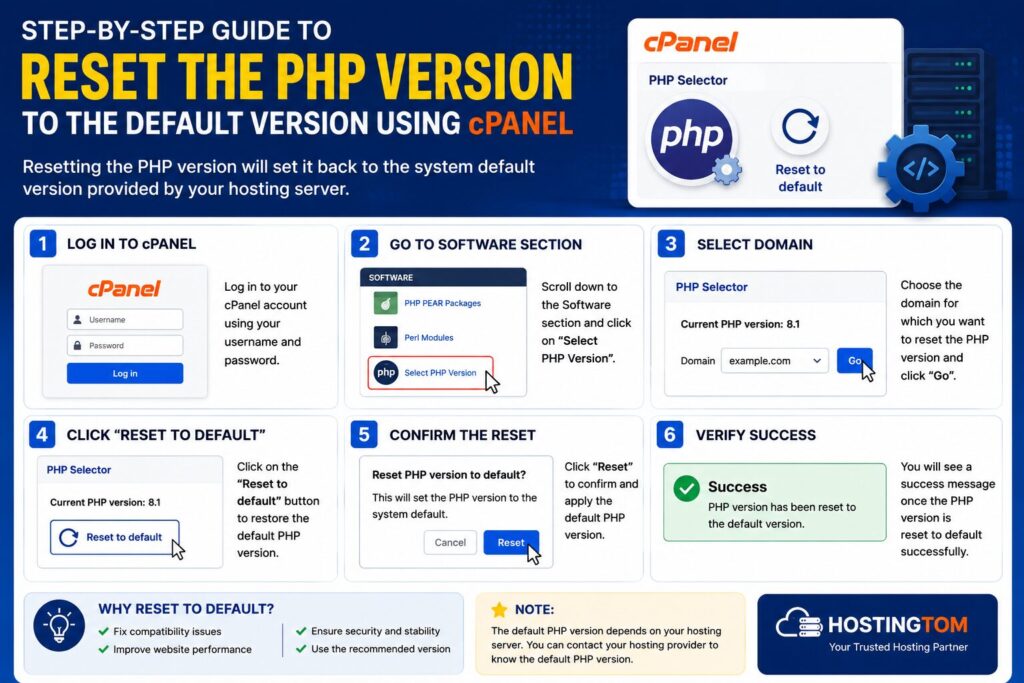 Step-by-step infographic showing how to reset the PHP version to the default version using cPanel.