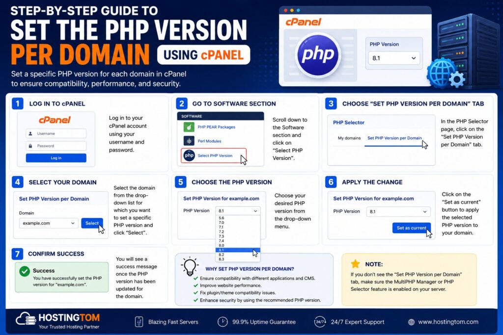 Step-by-step infographic showing how to set the PHP version for a specific domain using cPanel.