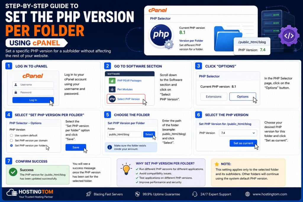 Step-by-step infographic showing how to set the PHP version for a specific folder in cPanel.