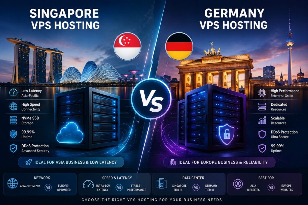Singapore VPS Hosting vs Germany VPS Hosting comparison showing performance, latency, security, data centers, and enterprise VPS features.