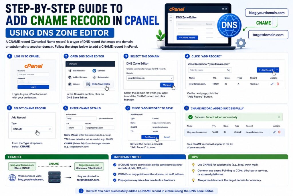 Step-by-step infographic showing how to add a CNAME record in cPanel using the DNS Zone Editor.