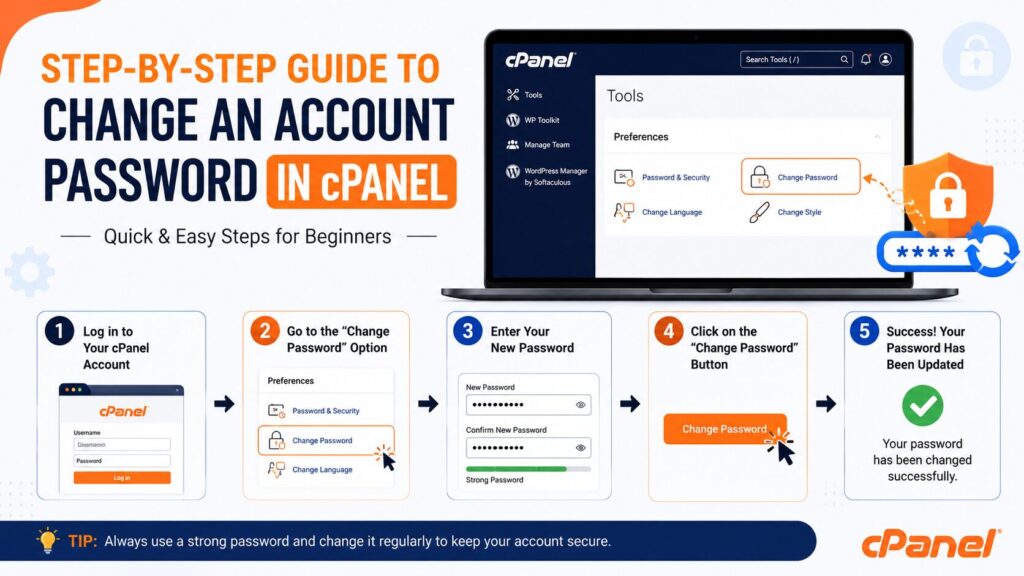 Step-by-step guide showing how to change an account password in cPanel securely.