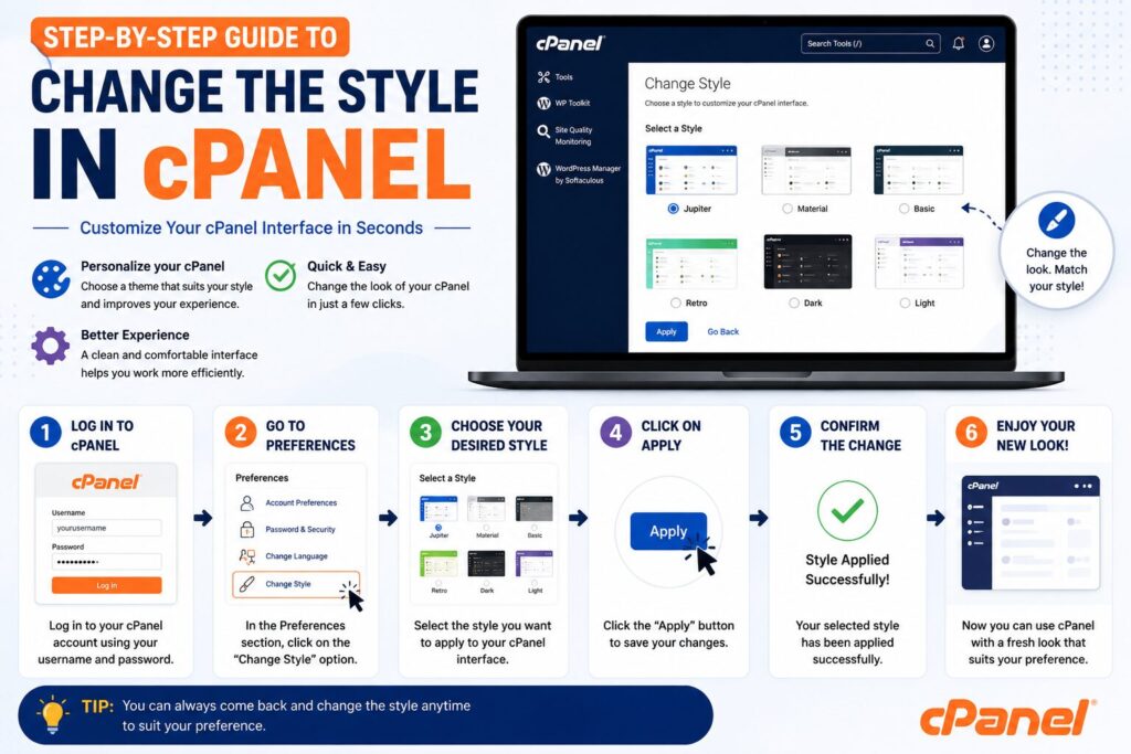 Step-by-step guide showing how to change the cPanel interface style or theme from the Preferences section.