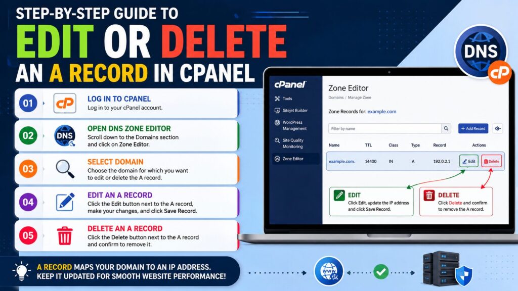 tep-by-step guide showing how to edit or delete an A Record in cPanel using the DNS Zone Editor.