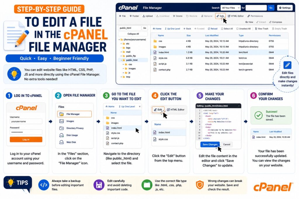 Step-by-step guide showing how to edit a file using the cPanel File Manager editor.