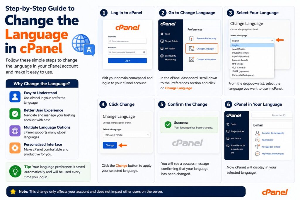 Illustration showing the step-by-step process to change the language in cPanel using the Preferences section and language selection menu.