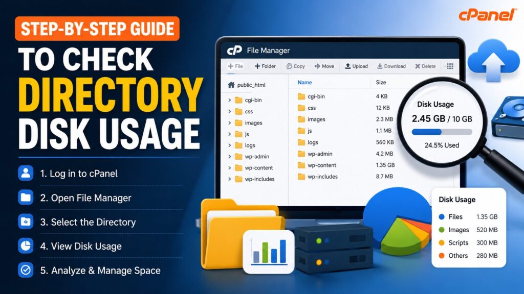 Step-by-step guide showing how to check directory disk usage in cPanel File Manager with folders, storage usage, and disk space analysis.