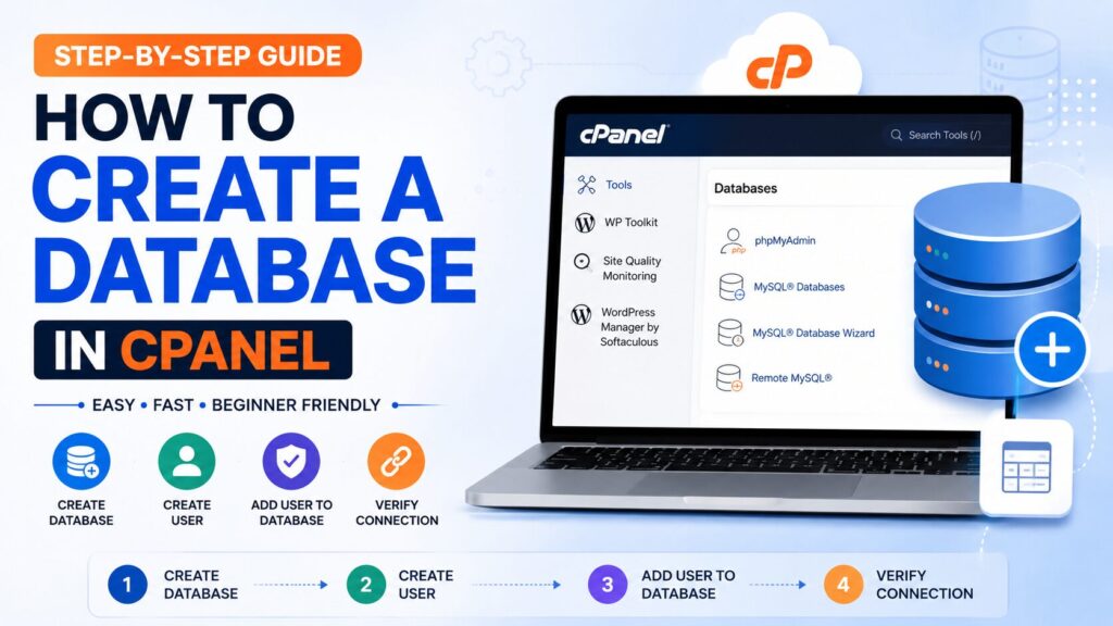 Step-by-step guide showing how to create a MySQL database in cPanel with Database Wizard and phpMyAdmin interface.