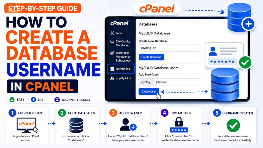 Step-by-step guide showing how to create a MySQL database user in cPanel and assign login credentials securely.