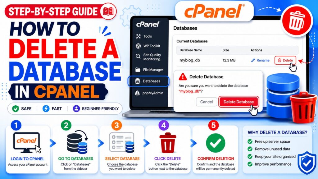 Step-by-step guide showing how to delete a MySQL database in cPanel safely using the Databases section.