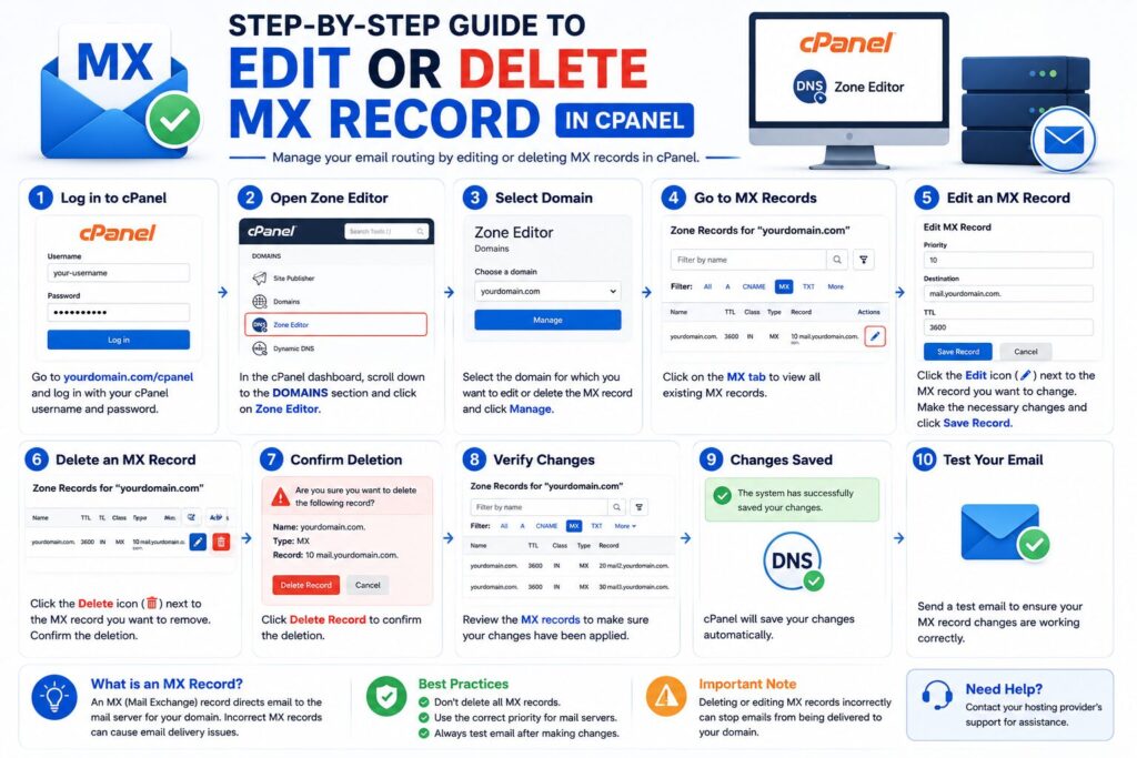 Infographic explaining how to edit or delete an MX record in cPanel using the DNS Zone Editor to manage email routing and mail server settings.
