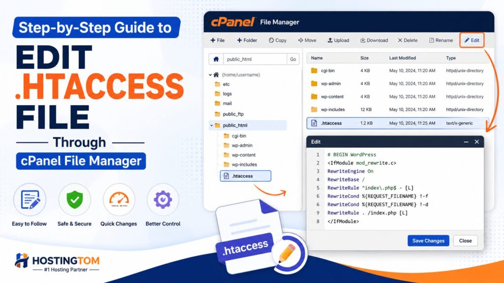 Step-by-step guide to edit the .htaccess file through the cPanel File Manager safely without using FTP.
