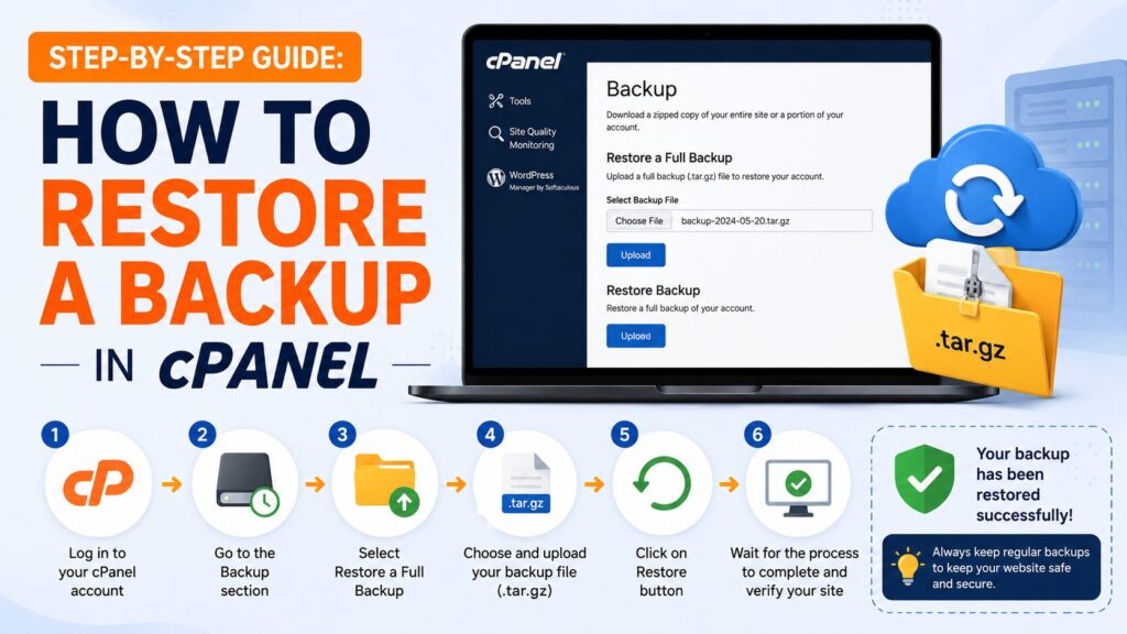 Step-by-step illustration showing how to restore a website backup in cPanel using the Backup Restore feature.