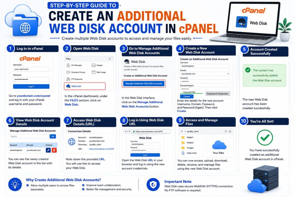 Infographic showing how to create an additional Web Disk account in cPanel, including account setup, WebDAV access, and secure file management.