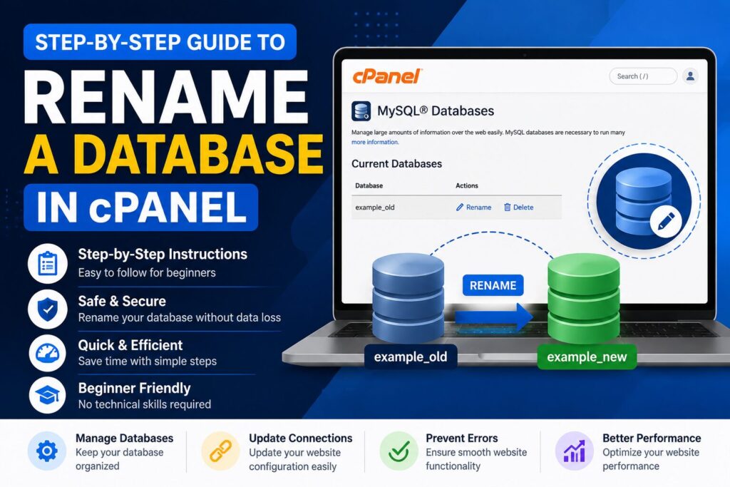 Step-by-step guide showing how to rename a database in cPanel using MySQL database management tools.