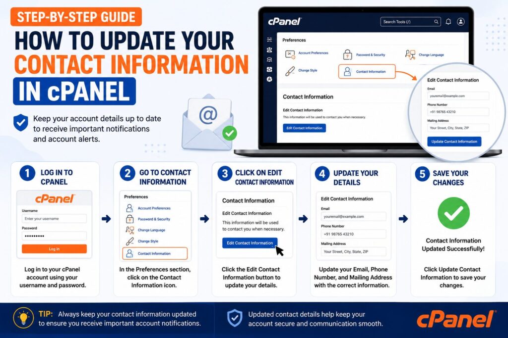Step-by-step guide showing how to update contact information in cPanel, including email address and contact preferences.