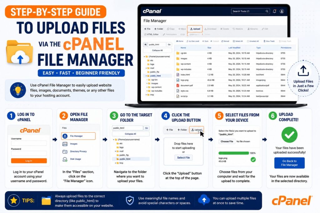 Step-by-step guide showing how to upload files using the cPanel File Manager.